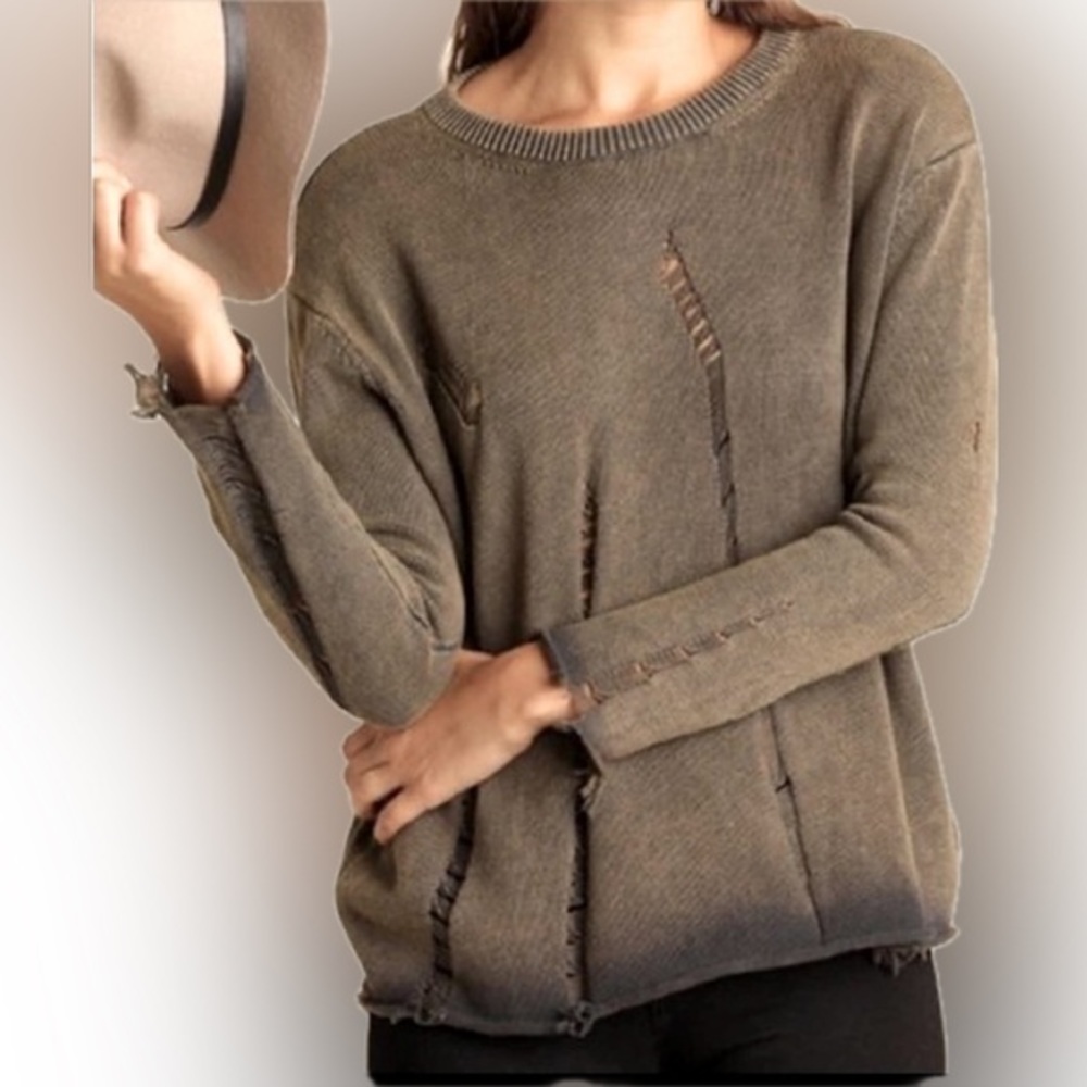 UMGEE U.S.A. | Denim Distressed Crew Neck Sweater | Brown/Gray | Grunge | Small